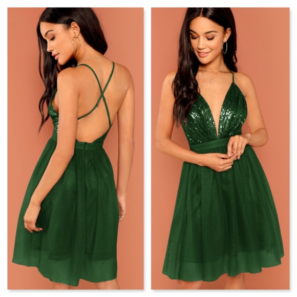 Rouge! Dresses & Skirts - Sequin Mesh Halter Backless Crisscross Strap Dress
